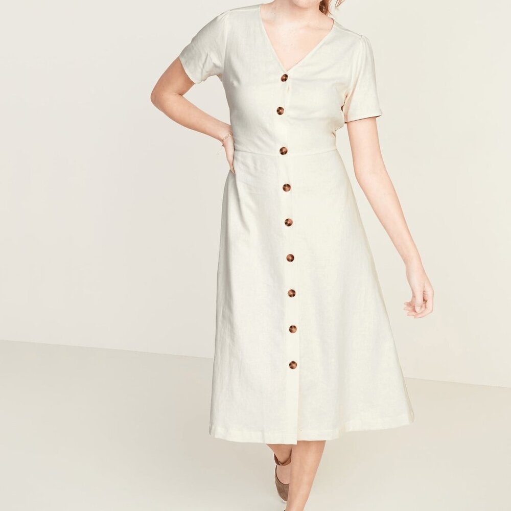 OLD NAVY fit&flare button front linen blend midi dress in creme (XL)
